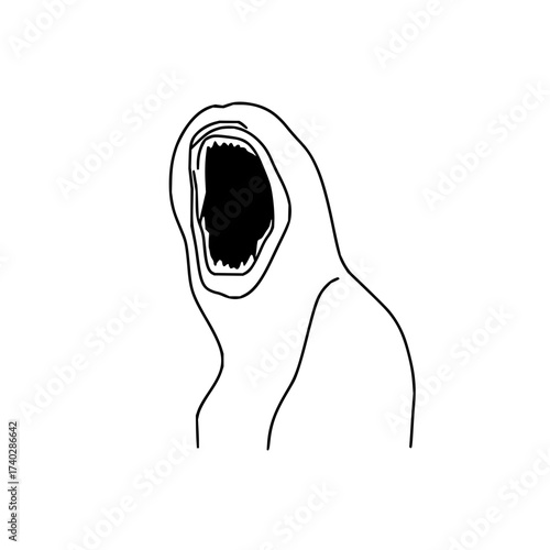 Outline drawing of a figure with a gaping mouth and dark interior on a white background standing alone