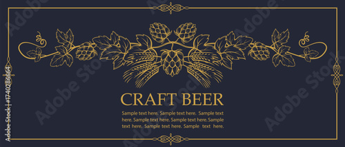 golden illustration of hop and barley ear for brewing isolated on black background