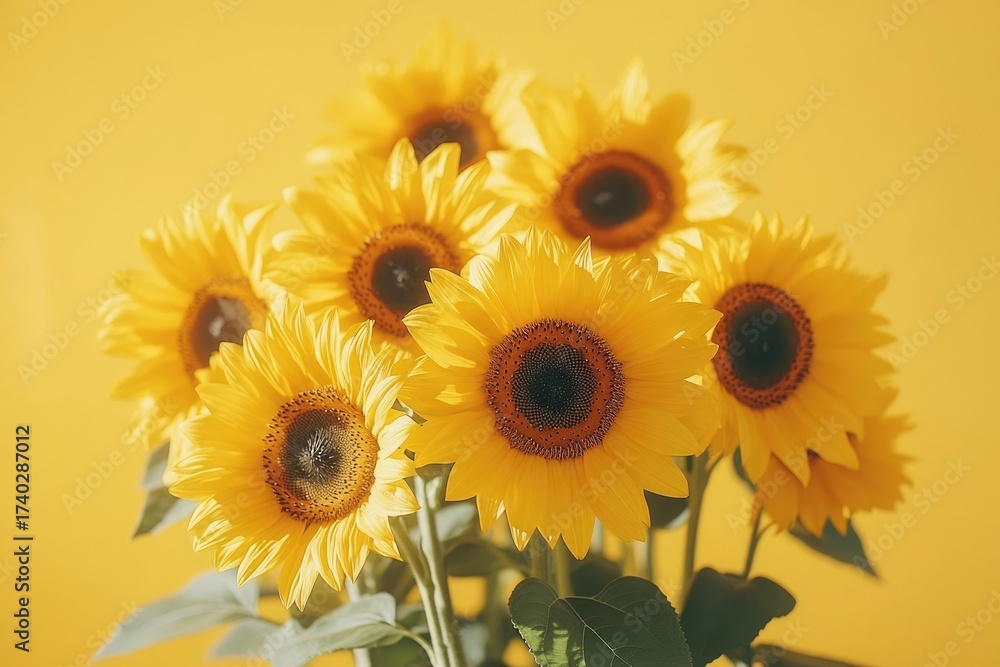 Fototapeta premium Vibrant yellow sunflowers with dark centers, forming a beautiful bouquet against a matching sunny yellow background, symbolizing joy and summer.