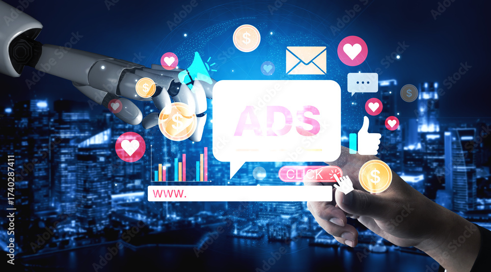 Obraz premium AI drives digital marketing and online ads with smart targeting, content automation, and ROI tracking for business growth. Artificial intelligence spline