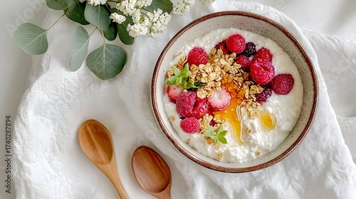 Healthy breakfast bowl, yogurt with granola and berries, white linen background, minimal natural styling, top view composition, bright clean lighting, modern wholesome aesthetic