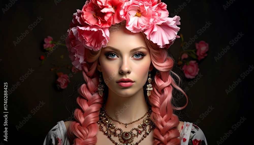 Naklejka premium Portrait of a Beautiful Woman with Pink Hair and a Flower Crown