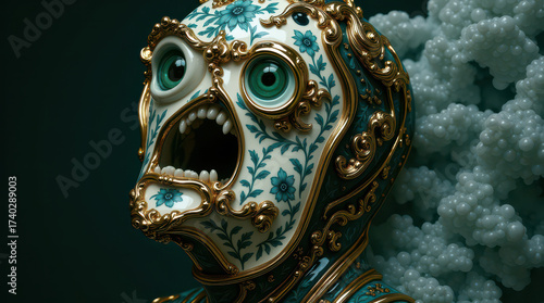 Porcelain animal sculptures with blue floral patterns and golden ornamental details