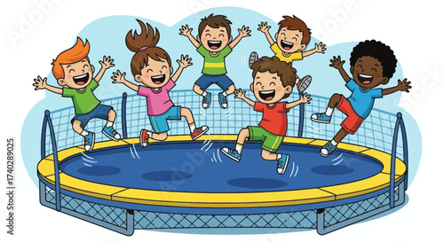 A group of children joyfully jumping and playing together on a large round blue trampoline outside happily