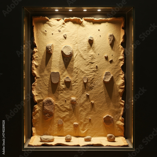 Ancient parchment fragments in museum display