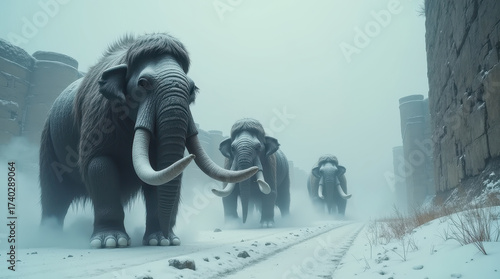 Armoured mammoths in winter fog