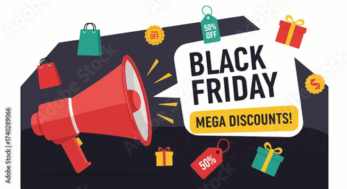 A black friday advertisement featuring a red megaphone with shopping bags and gift boxes around it alluding to sales