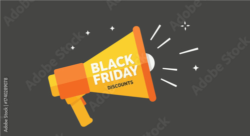 A yellow and orange megaphone with black friday discounts text and white stars on a gray background