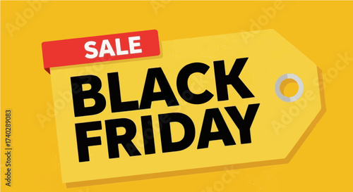 A yellow tag with black friday text and a red sale banner against a yellow background for promotions