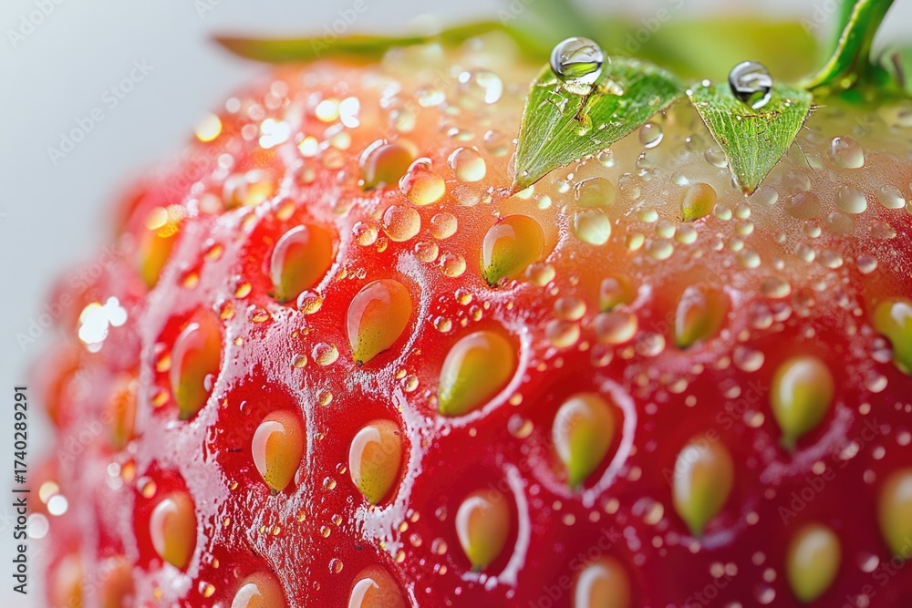 custom made wallpaper toronto digitalMacro shot of a fresh, red strawberry covered in glistening water droplets. Tiny seeds are visible, with two distinct drops on green leaves.