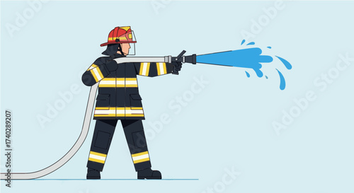A firefighter in full gear holding a hose spraying water with a light blue background in a cartoon style