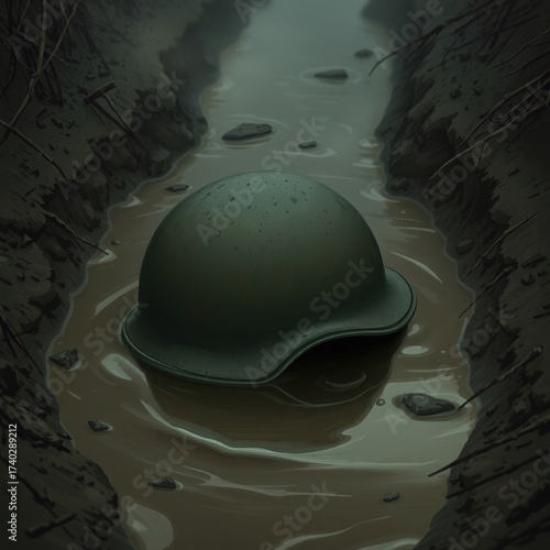 Abandoned military helmet in muddy trench