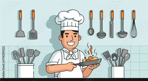 A chef holding a frying pan with food cooking over a flame in a kitchen with utensils hanging on wall