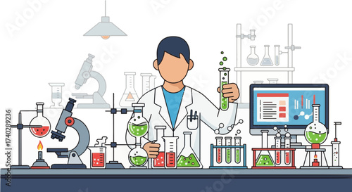 A scientist in a lab coat holding a test tube surrounded by lab equipment and computer screen displays charts