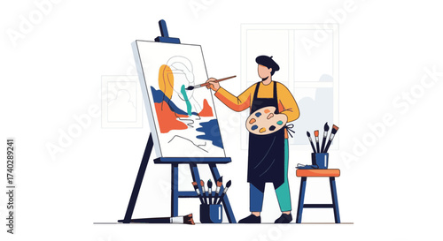 An artist painting on a canvas with an easel in a studio with a palette and brushes in a bright room