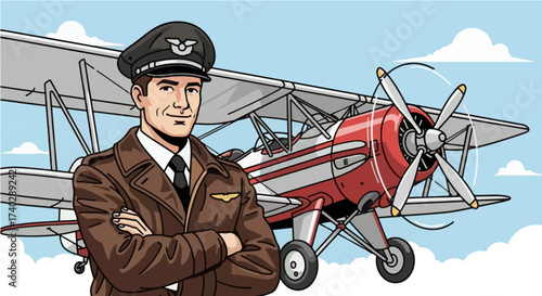 A cartoon pilot in uniform standing in front of a red and white biplane against a blue sky backdrop