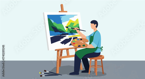A person painting a landscape on a canvas sitting on a stool with brushes and a palette in a studio
