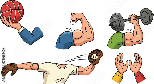 Cartoon Arms in Sports Action – Basketball, Baseball, Weightlifting, Flexing, Celebration – Fun Vector Set for Fitness, Animation, Education