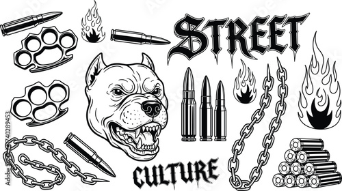  Street culture tattoo-style vector set with pit bull, bullets, brass knuckles, chains, flames, graffiti text, and urban rebellion icons