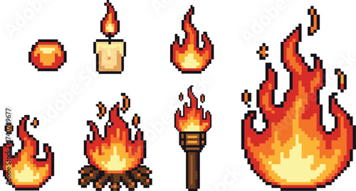Pixel Art Fire Icon Set Featuring Torch, Candle, Campfire, Flameball, and Stylized Flames for Game UI and Retro Design