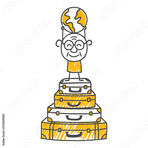Mr. Traveler Balancing the World on Top of Suitcases Preparing for Travel.