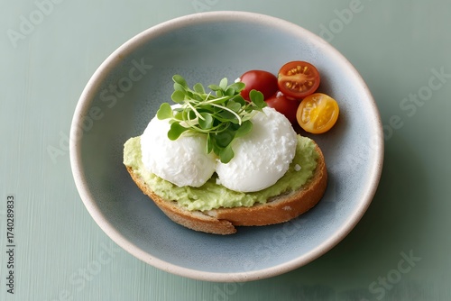 Minimalistic breakfast plate, avocado toast with poached eggs, green copy space, modern food styling, pastel background, healthy brunch concept, soft natural light, clean composition
