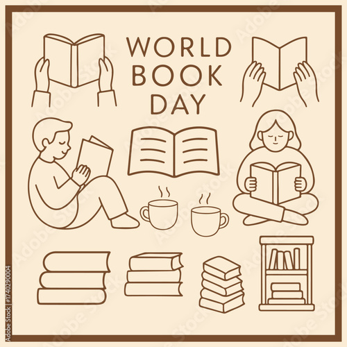 World book day celebration with diverse reading illustrations