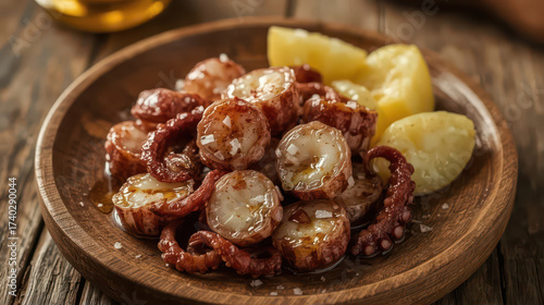 Traditional Spanish octopus dish served with potatoes and lemon on rustic wooden plate