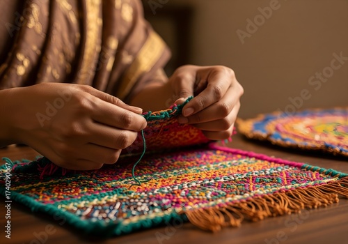 Intimate candid shot of hands creatively upcycling vibrant saree fabrics into sustainable Diwali home decor, showcasing resourceful Indian cultural artistry in a traditional setting.