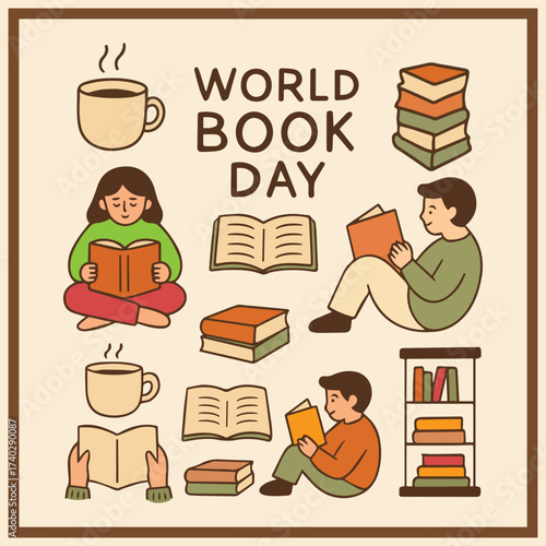 World book day celebration with people reading books and hot drinks