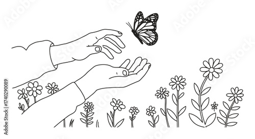Child Releasing Monarch Butterfly Vector Illustration