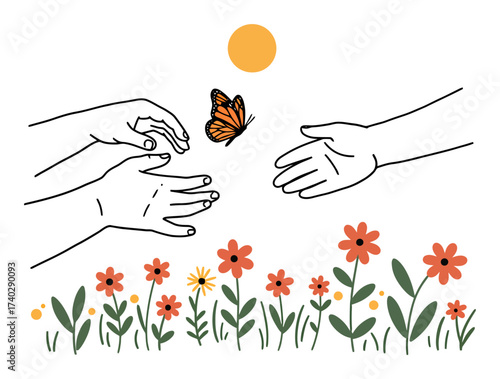 Child Releasing Monarch Butterfly, Vector Illustration