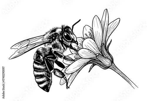 Bee Pollinating Flower Vector, Minimalist Design
