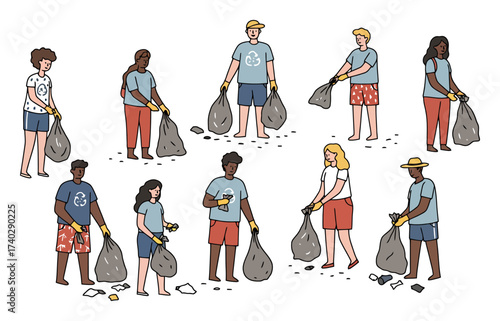 Beach Cleanup Illustration: Diverse People, Vector Art