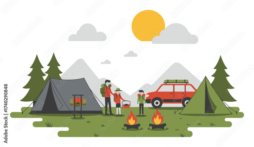Fototapeta premium Family Camping Trip Vector Illustration
