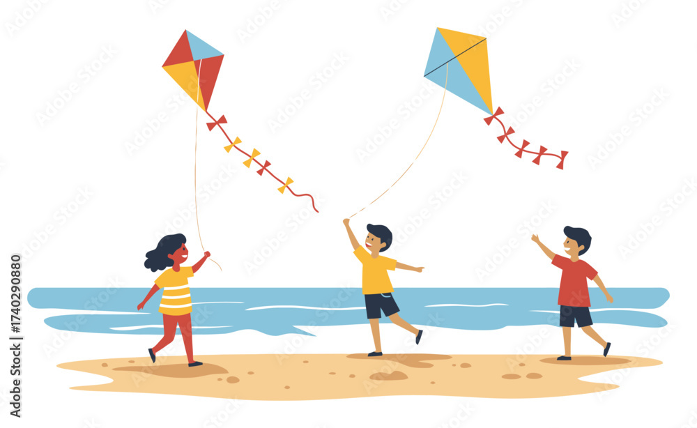 Fototapeta premium Kids Flying Kites on Beach - Flat Vector