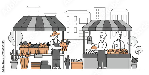 Farm-to-Table Vector: Farmer & Chef at Market