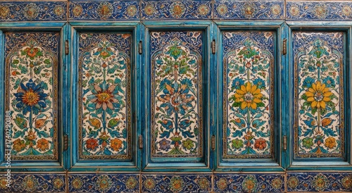 Intricate, ornate, painted wooden panels.  Vibrant floral designs on teal blue background.  Architectural detail