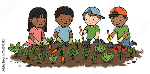 Children Planting Community Garden Vector