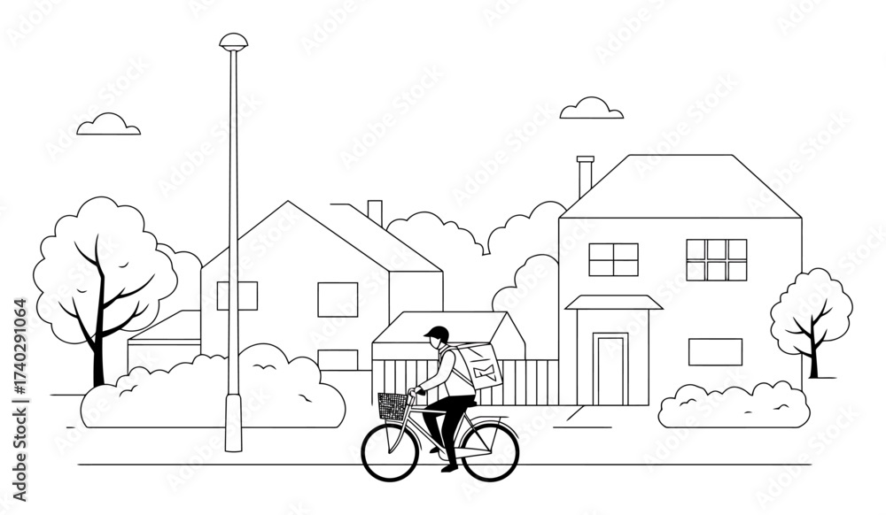 Naklejka premium Mail Delivery Cyclist Vector - Suburban Neighborhood