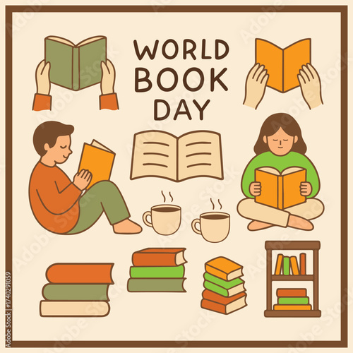 World book day celebration with people reading and stacks of books.