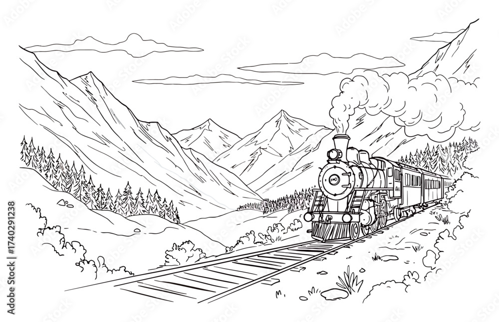 Fototapeta premium Steam Train in Mountain Valley Vector Art