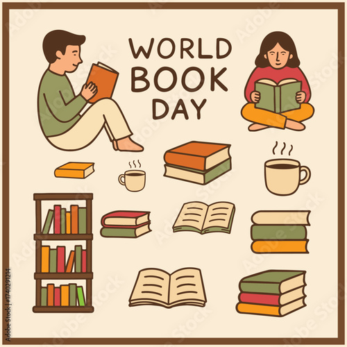 World book day illustration with people reading and stacks of books