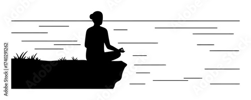 Meditating on Cliff - Minimalist Vector Art