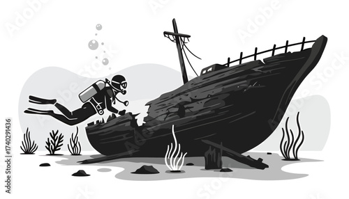 Underwater Diver & Sunken Shipwreck Vector Illustration