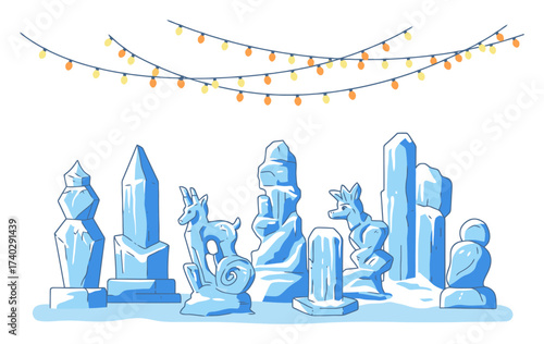 Winter Carnival Vector Illustration - Ice Sculptures & Lights