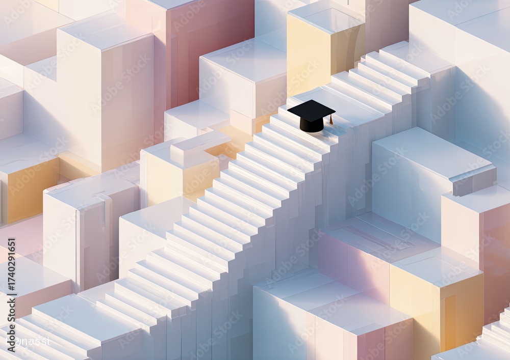 Naklejka premium White steps leading upward to a graduation cap, amidst a geometric landscape of pastel-colored blocks