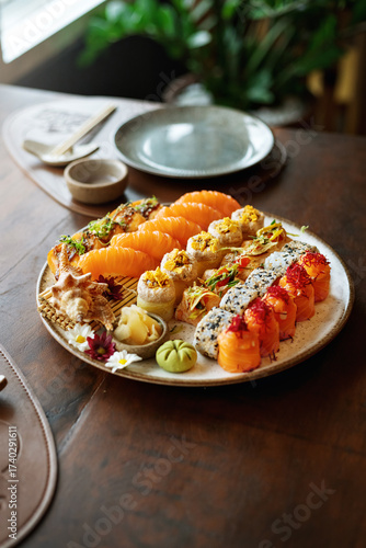 Large sushi plate with different types of rolls in warm and pastel tones. Asian food. Oriental Brazilian restaurant.