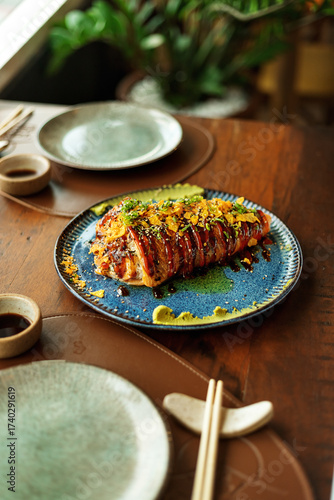 dish with stuffed salmon, oriental cuisine, Asian food