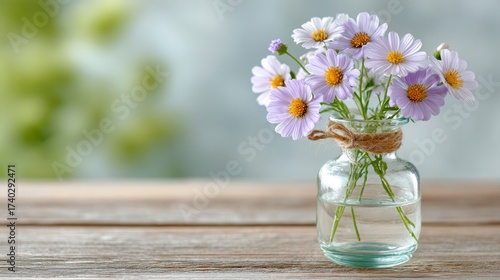 Bright wildflowers in a glass vase on a wooden table with a warm sunlight background